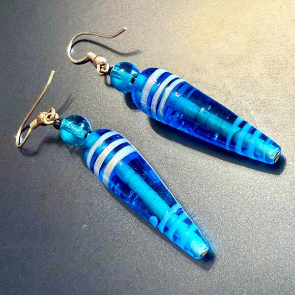 Artisan Handcrafted Long Electric Blue Glass Drop Earrings - Picture 1 of 6